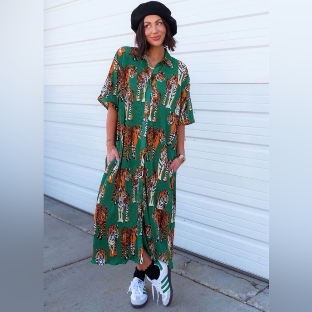 Dressed in LALA Green Tiger Print shirt Dress